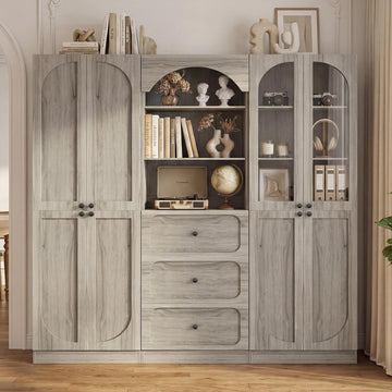80" Tall Bookcase System with 3 Drawers & Tempered Glass Doors | Arched Bookshelf with Flush Wall Fit, Wooden Pantry