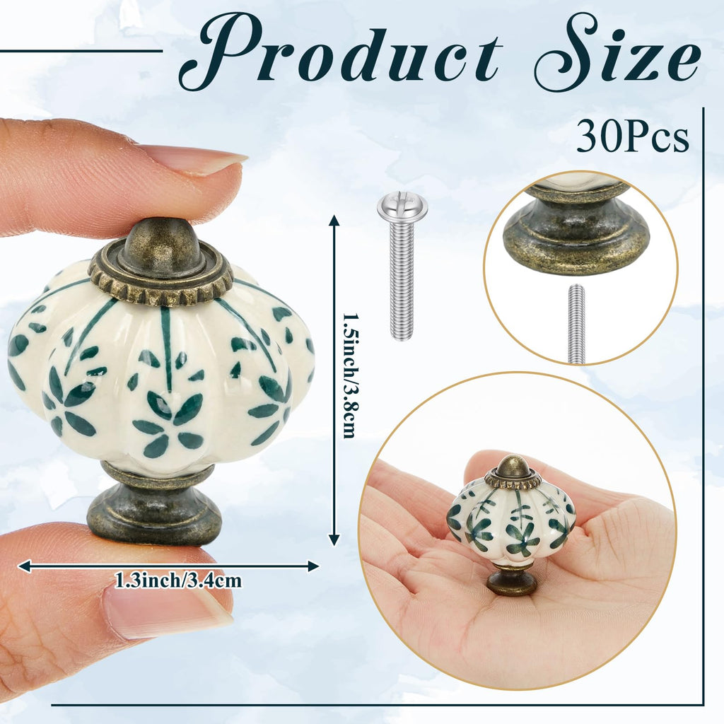 30 Pcs Ivory Pumpkin Knobs, Vintage Cabinet Knobs, Green Floral