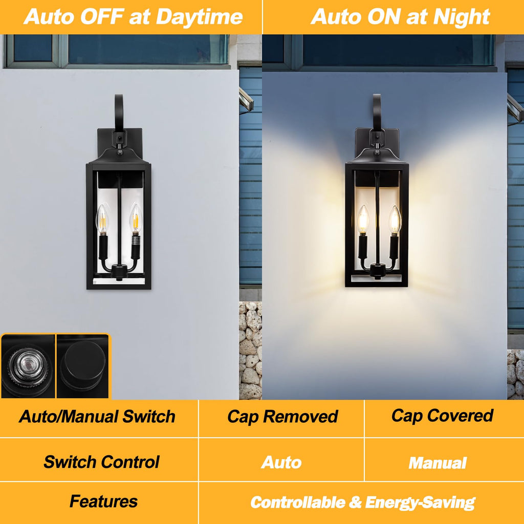 19" Black Dusk to Dawn Outdoor Light Fixture, Large Outdoor Lantern 2-Light