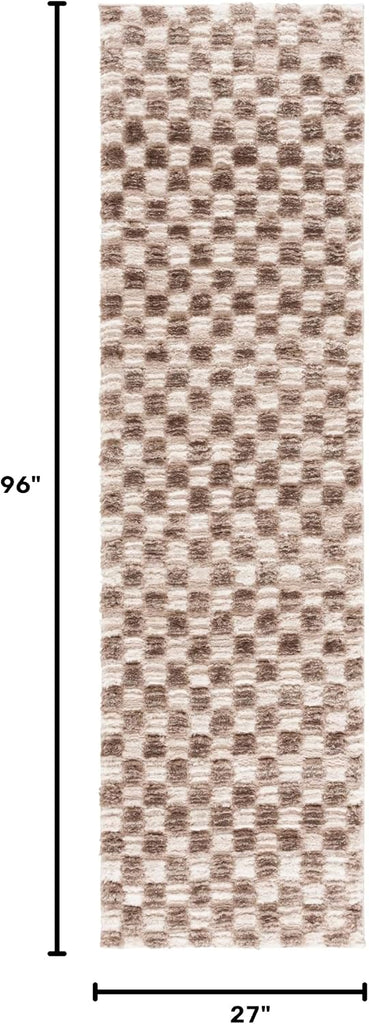 Seattle Shag Collection Runner - 2'3" x 8', Ivory & Brown, Checkered Pattern, 1-inch Thick, Ideal for the Living
