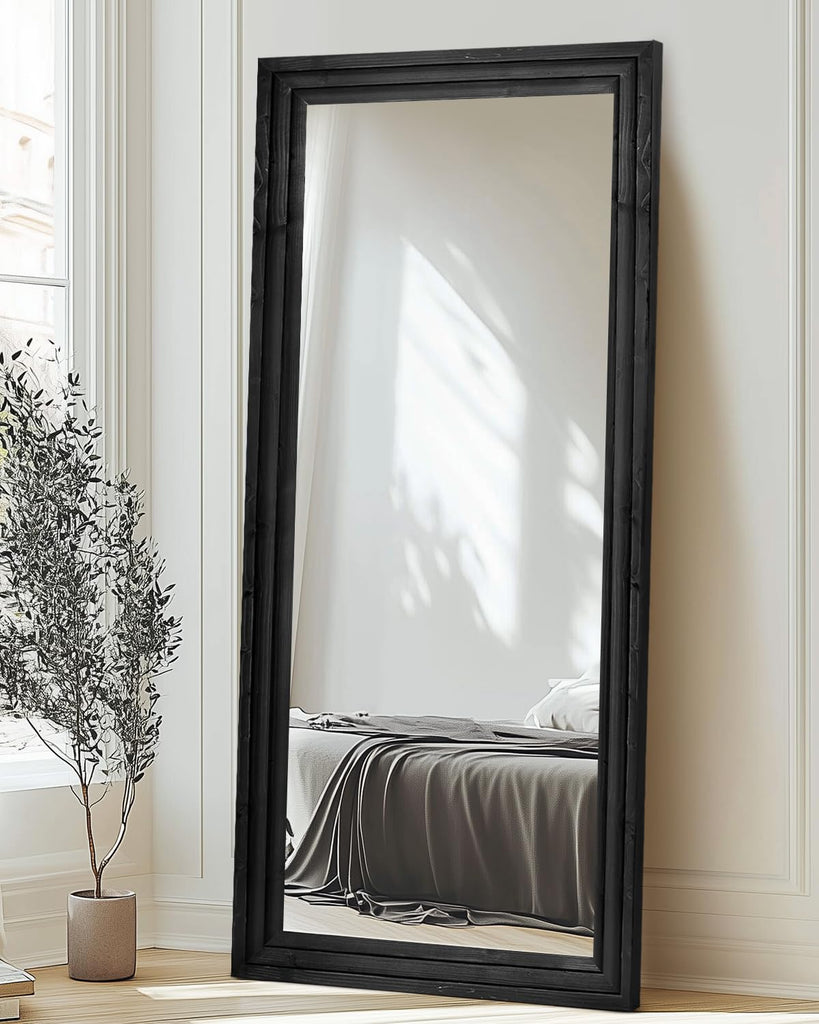 71x30in Full Length Mirror, 3-Tier Stepped Solid Wood Frame, Black