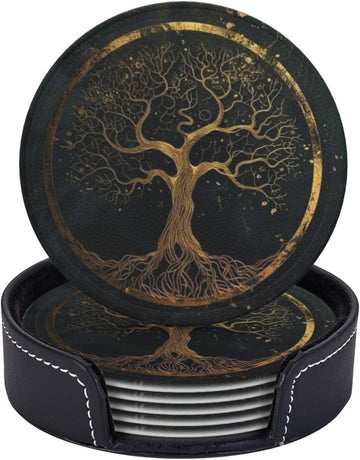 Drink Coasters with Holder Stand, Marble Gold Tree of Life Pu Leather Absorbent Coasters with Cork Base - Set of 6