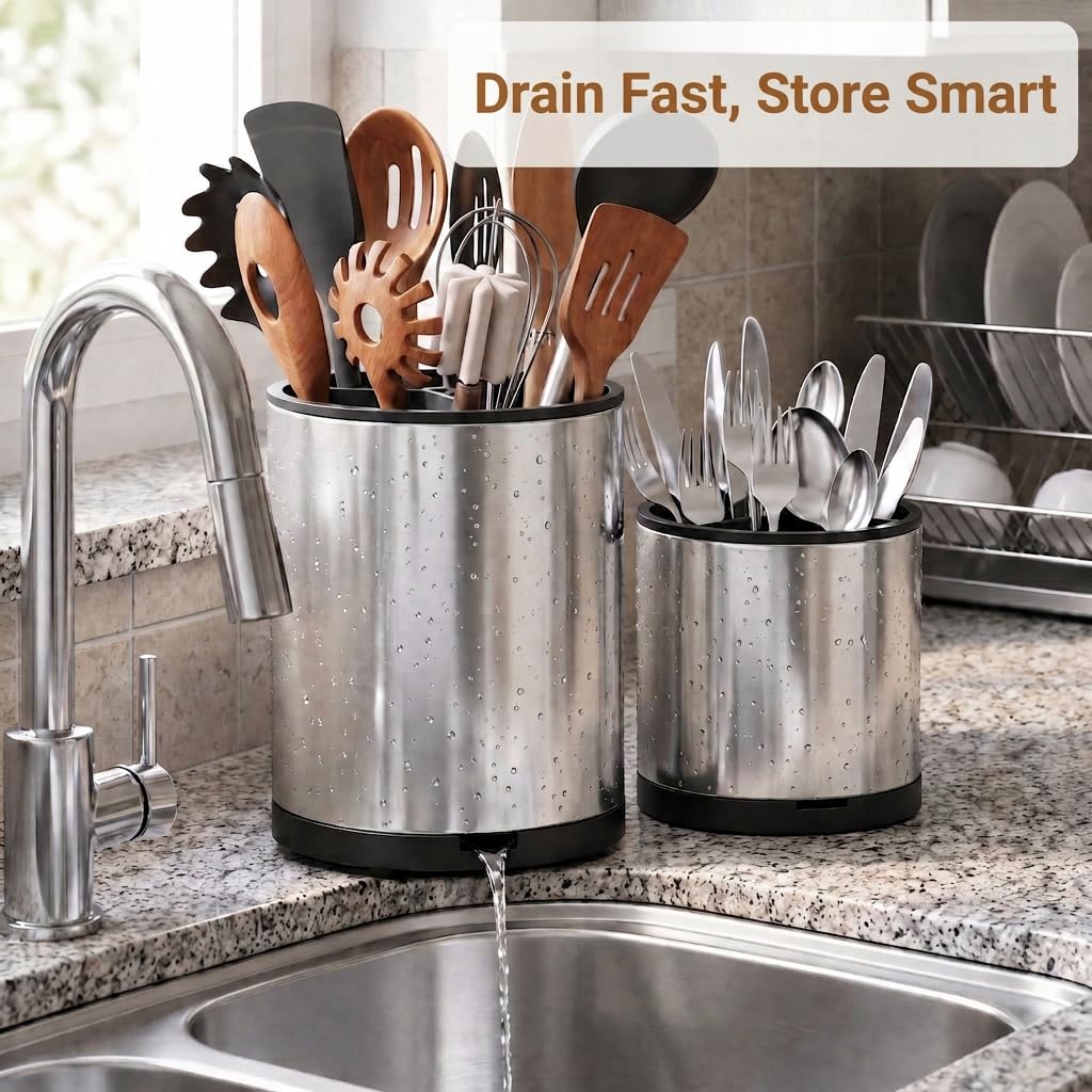 Extra Large Utensil Holder Counter,360°Rotating Stainless Steel