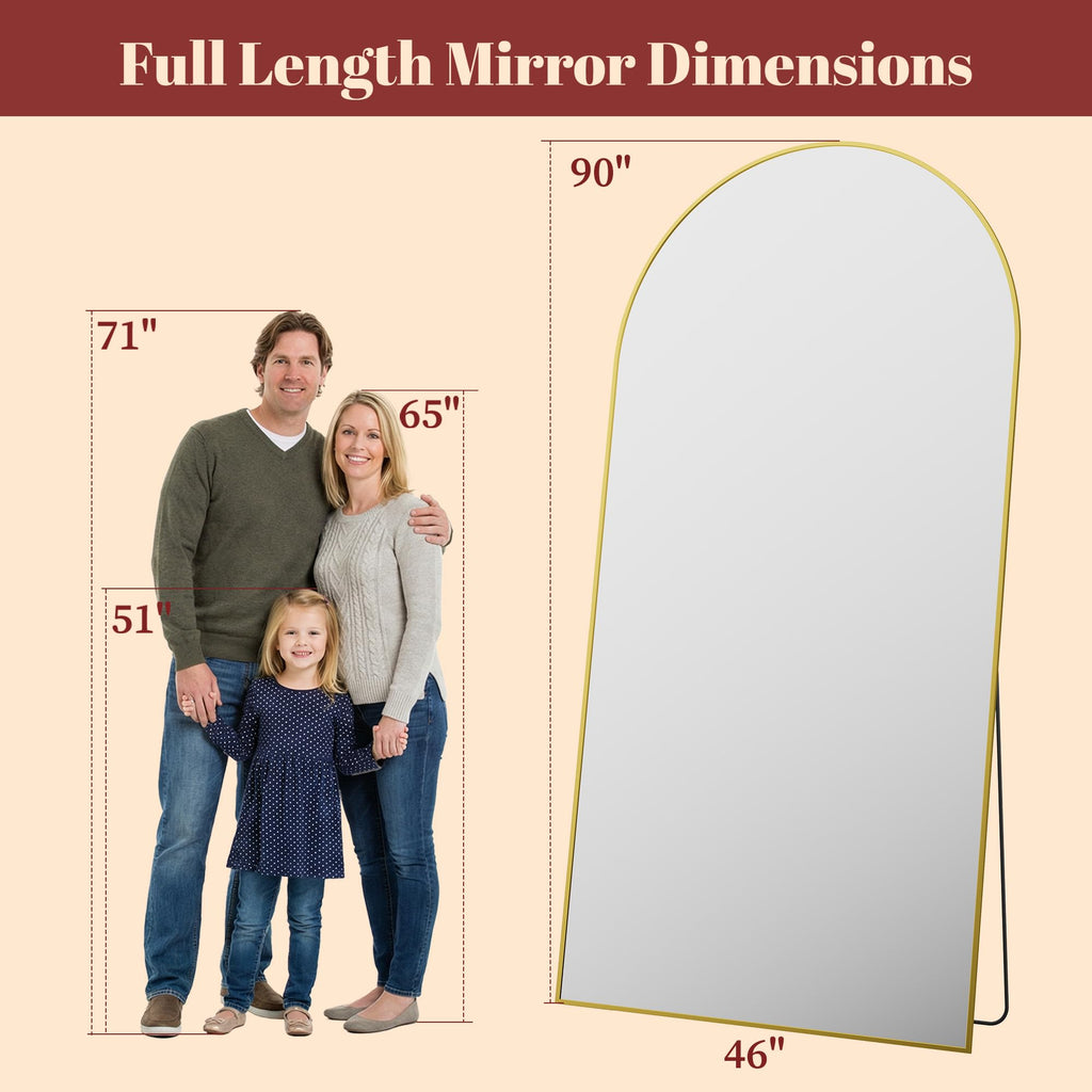 90"x46" Arched Full Length Mirror with Stand, Gold Floor Mirror
