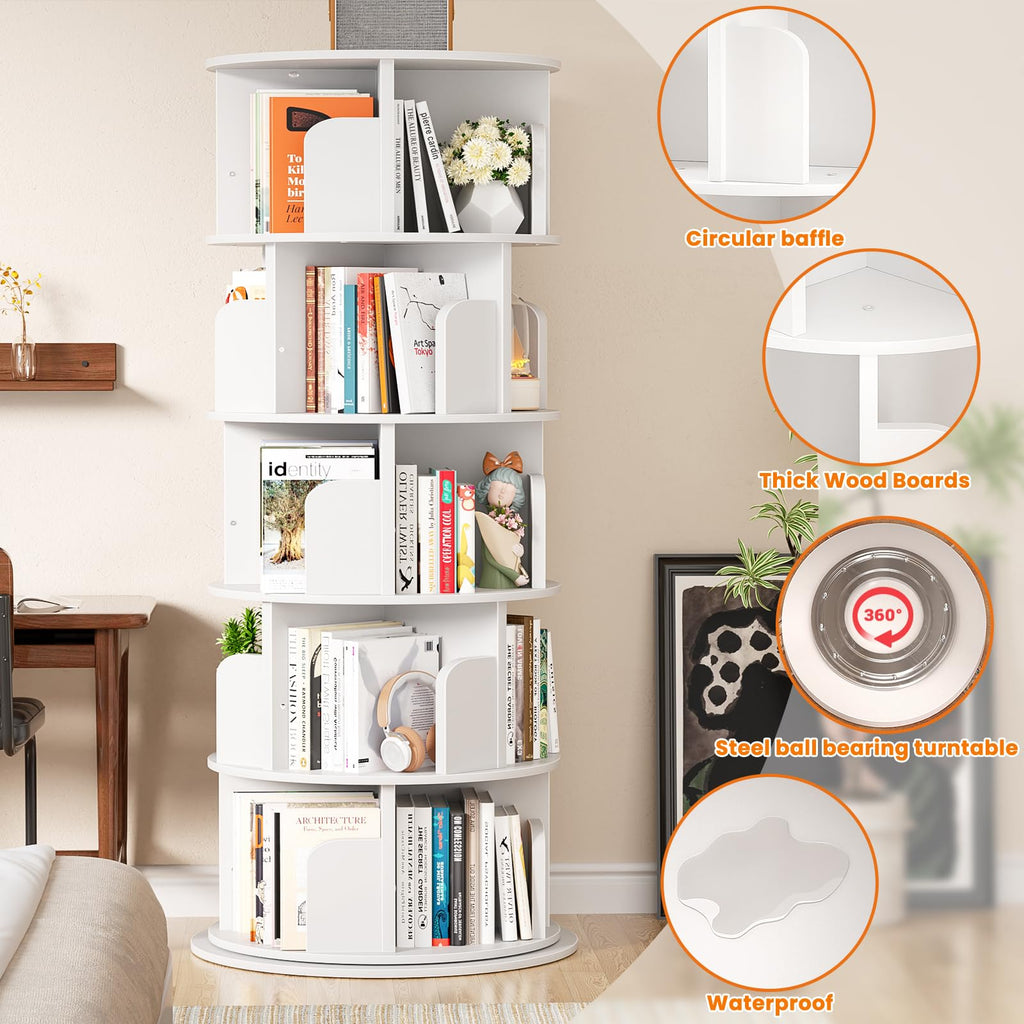 Rotating Bookshelf Tower, 5 Tier Wood Spinning Bookcase, White
