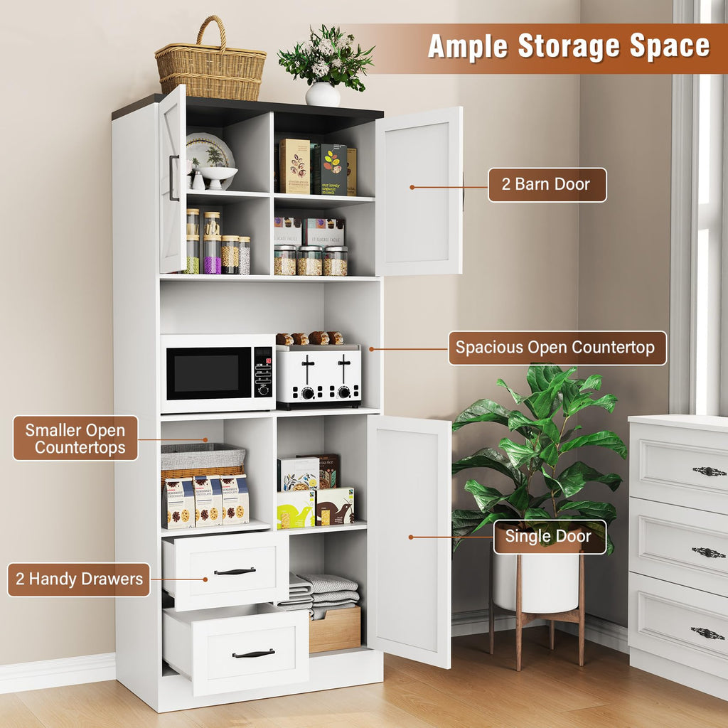 Farmhouse Kitchen Pantry Cabinet with LED Lights and Power Strip, Tall Kitchen Storage Cabinet, Kitchen Hutch with