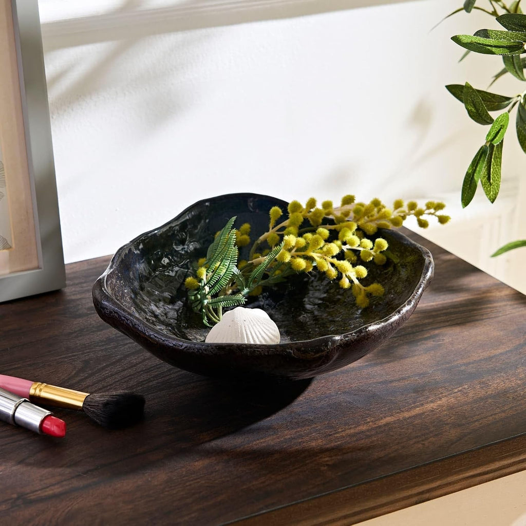 Ceramic Decorative Dish, 10 inch Dark Blue | Irregular-Edge Stoneware, Centerpiece Dish, Handcrafted, Multi-Purpose