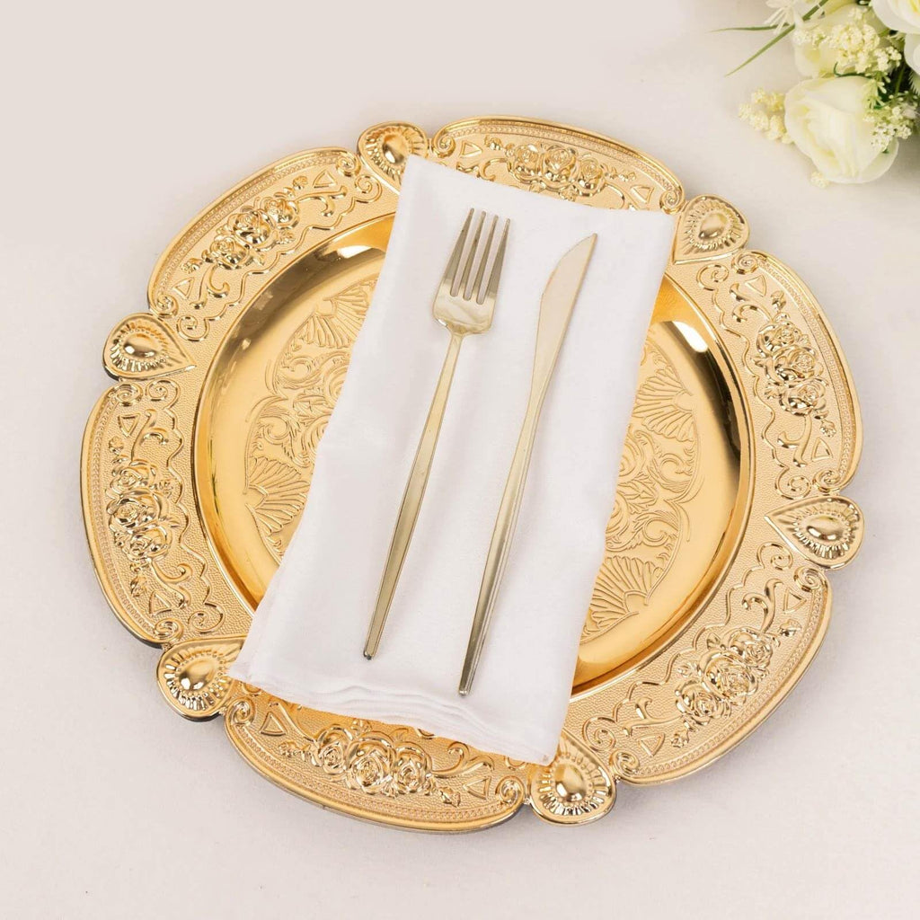 13" Gold Floral Embossed Charger Plates, Round Scalloped Rim Underplates for Spring Weddings and Garden Parties