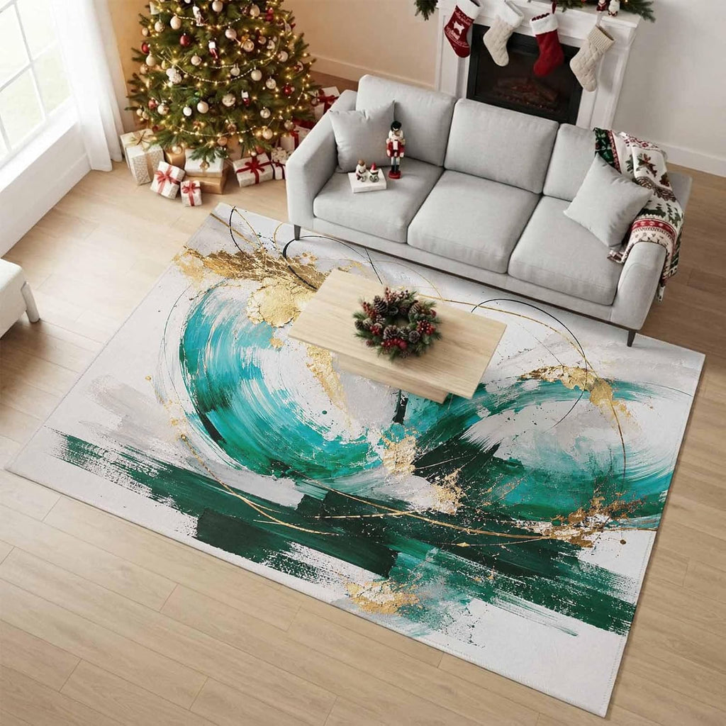 Green Gold Waves Rectangle Area Rug Modern Abstract Minimalist Art Lines Brushstroke Washable Indoor Carpet, Non‐Slip