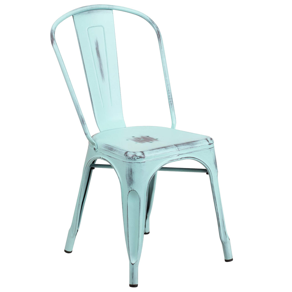 Distressed Green-Blue Metal Indoor/Outdoor Stackable Chair
