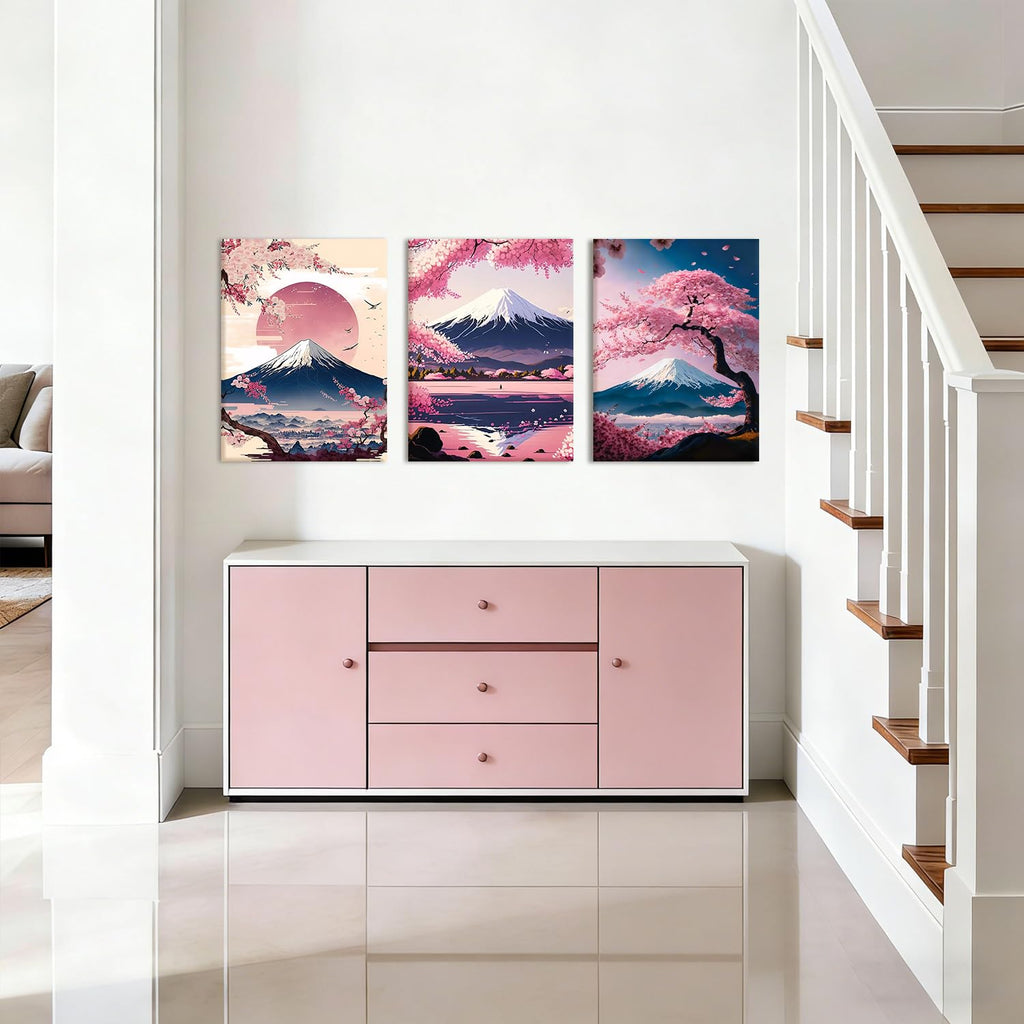 3 Pcs Fuji Mountain Cherry Blossom Canvas Wall Art
