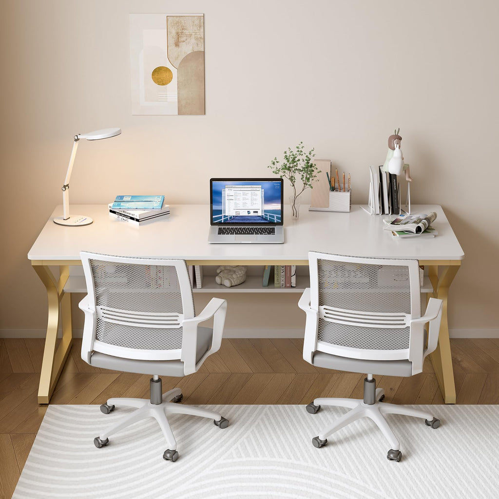 63-Inch Extra Long Desk with Storage Shelf, Gold