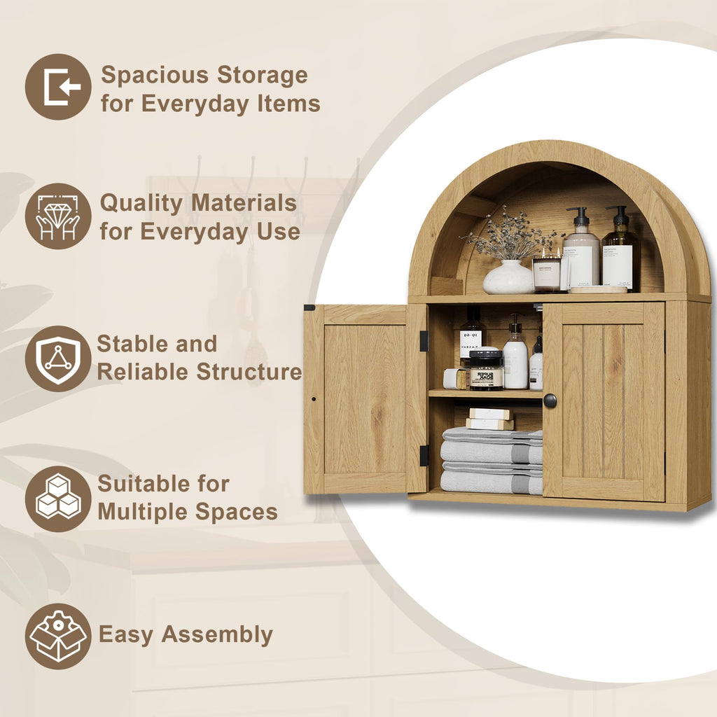 Arched Wall Cabinet, Double Door Medicine Cabinet with Shelf