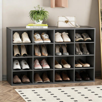 Shoe Storage Bench, Cubby Shoe Rack with 16 Cubbies, 4-Tier Wood Shoe Rack Organizer, Shoe Organizer Cabinet, Closet