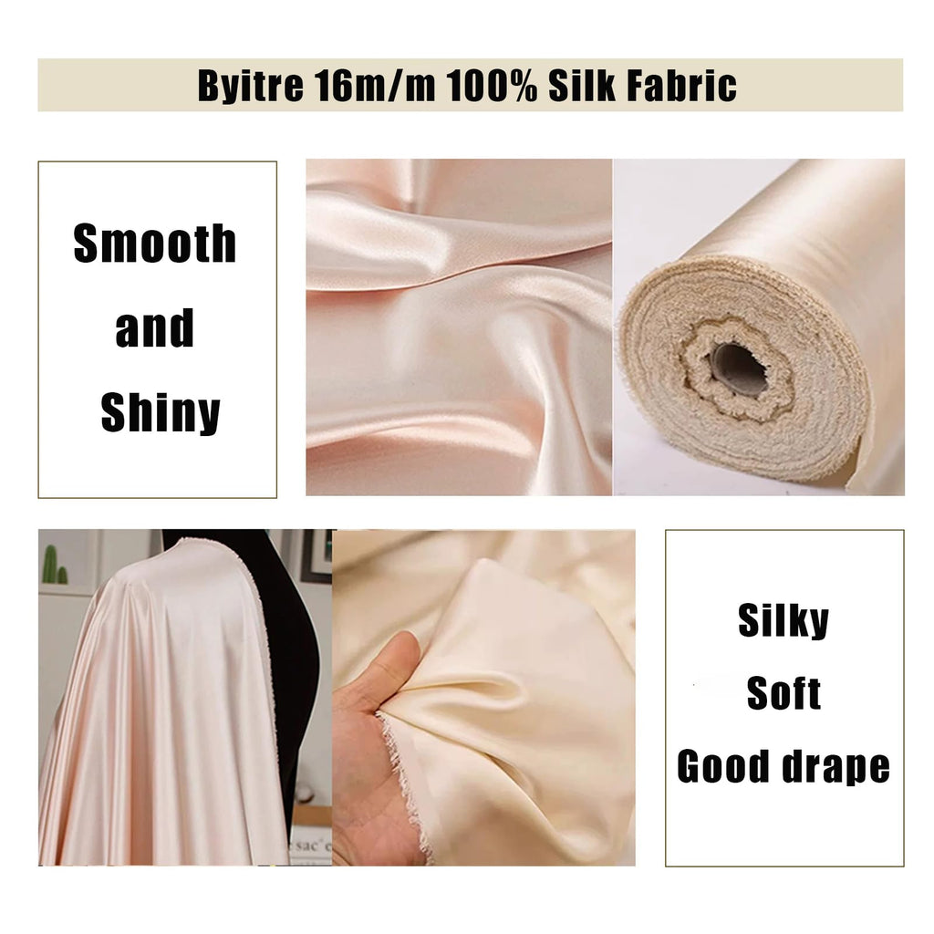 16 Momme 100% Mulberry Silk Charmeuse Fabric 44'' Wide for Sewing