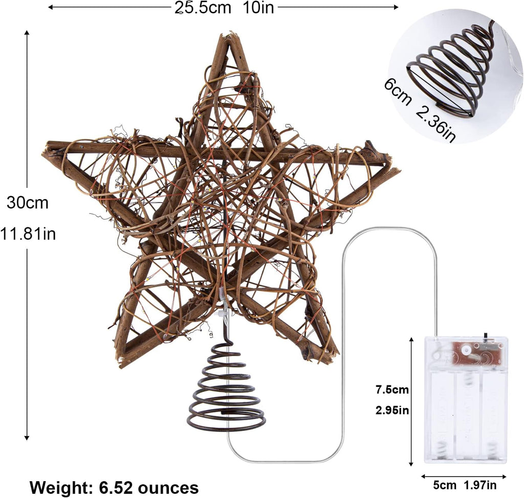 Rattan Natural Star Christmas Tree Topper - Rustic Farmhouse Xmas Treetop with 50 Warm LED Lights Christmas Tree