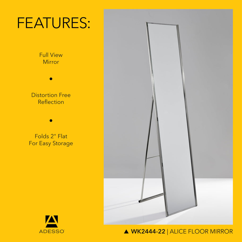 Floor Mirror, Brushed Steel, Freestanding, Foldable Kickstand, 59"