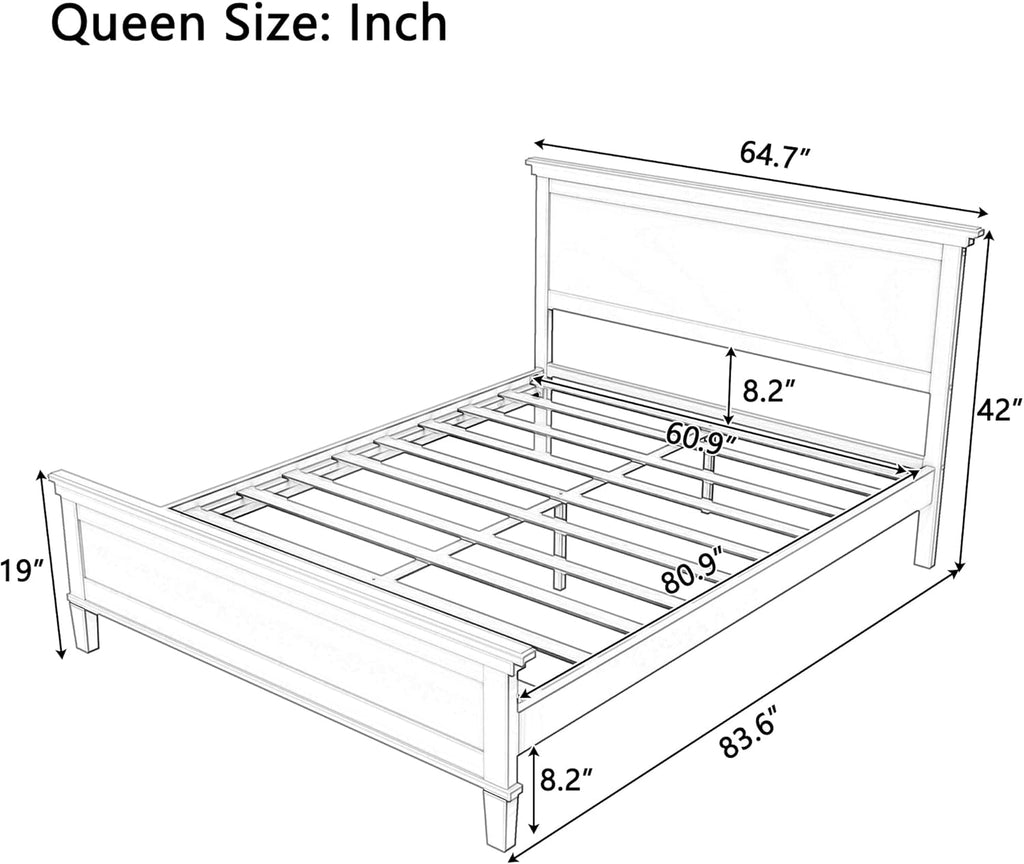 Queen Wood Platform Bed Frame with Headboard, Farmhouse Bed Frame, Mid-Century Modern Bedroom Furniture, Wood Slat