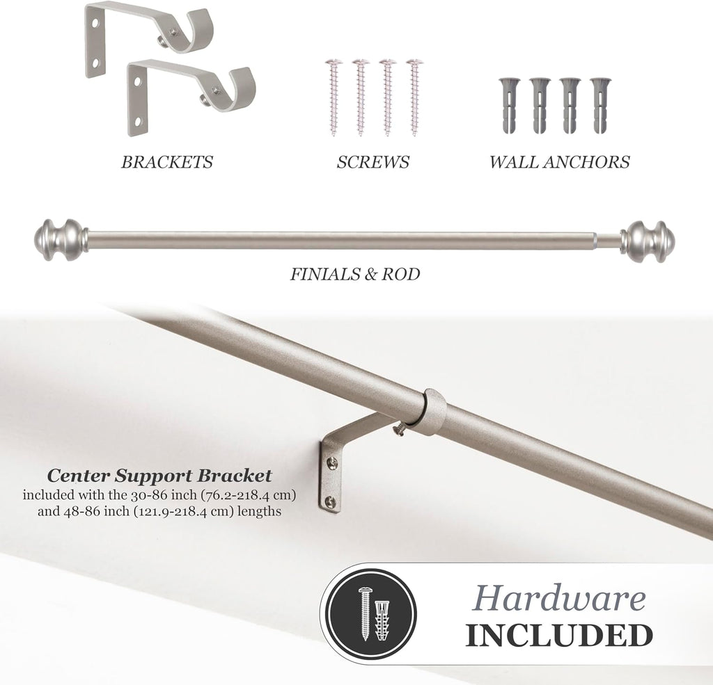 Kendall Standard Decorative Window Curtain Rod, KN71716, (71cm-122cm), 5/8" (15.8mm) diameter, Brushed Nickel