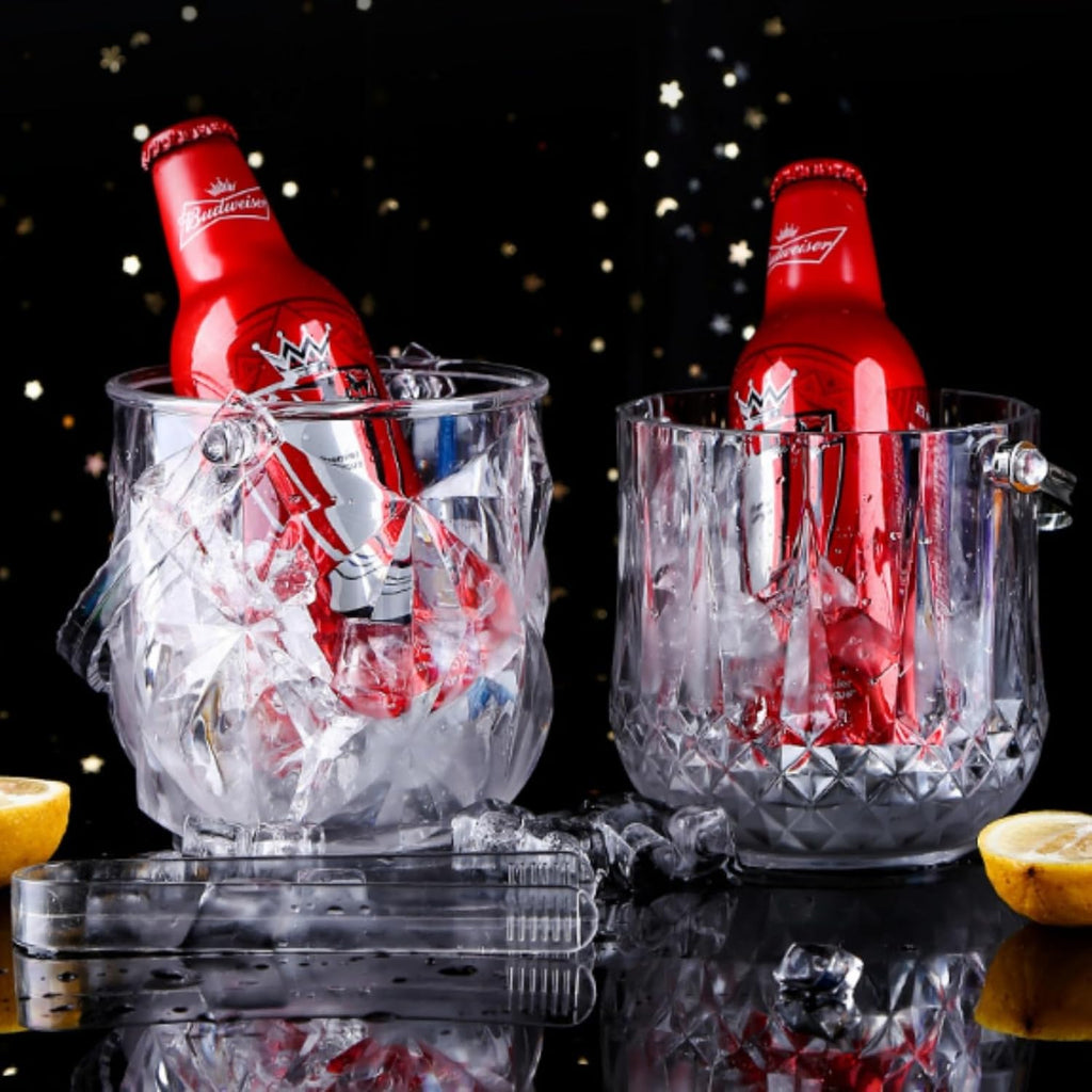 Bucket with Handle & Tongs Wine Chiller & Party Beverage Tub, Clear Acrylic Food Grade Ice Bucket, 37oziterStorage Tub - Set of 2