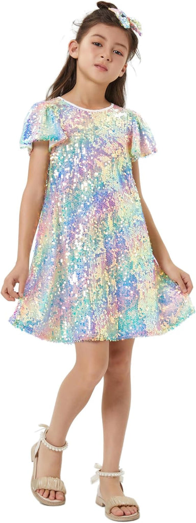 Sequin Dress Shiny Short Flutter Sleeve Midi Sparkly Party Dress with Hairbow