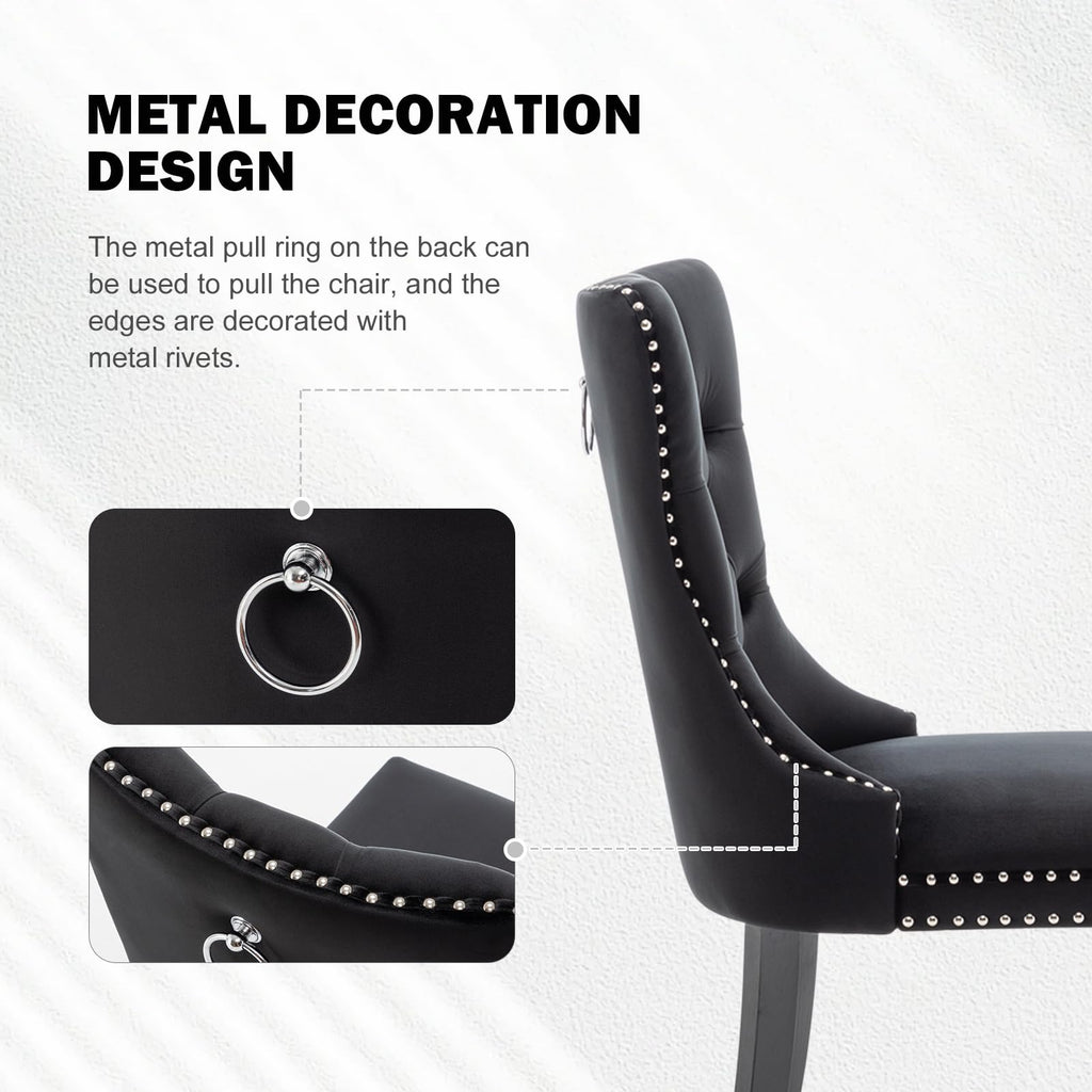 Velvet Dining Chairs Set of 2, Upholstered Dining Chairs with Ring Pull Trim and Button Back, Modern Seating (Black)