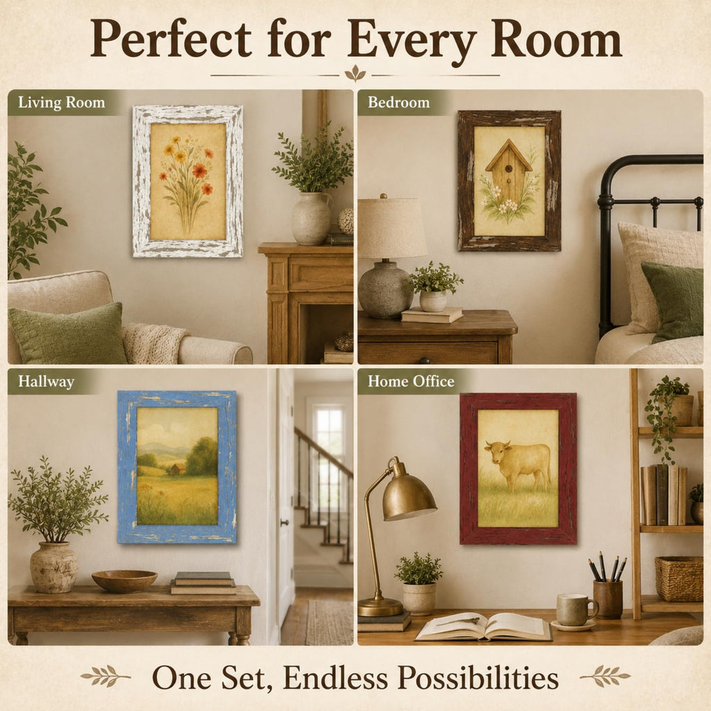 8x10 Rustic Farmhouse Picture Frames with Vintage Prints, Set of 4