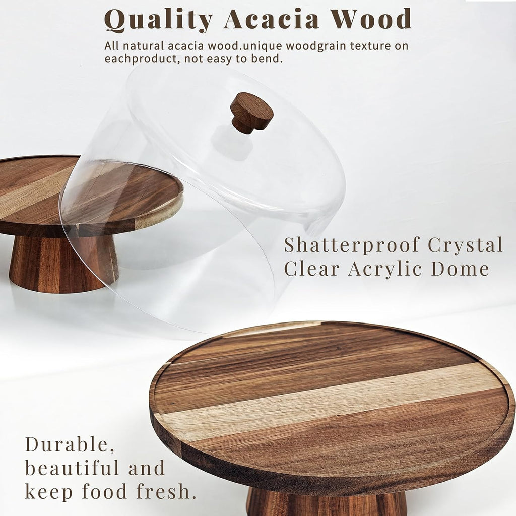 3-in-1 Acacia Wood 11 inch Cake Stand with Tall Acrylic Lid