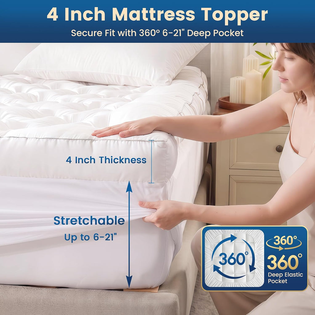 4 Inch Memory Foam Mattress Topper Queen Size for Back Pain Relief | Quilted Pillow Top Fitted Mattress Pad with 360°