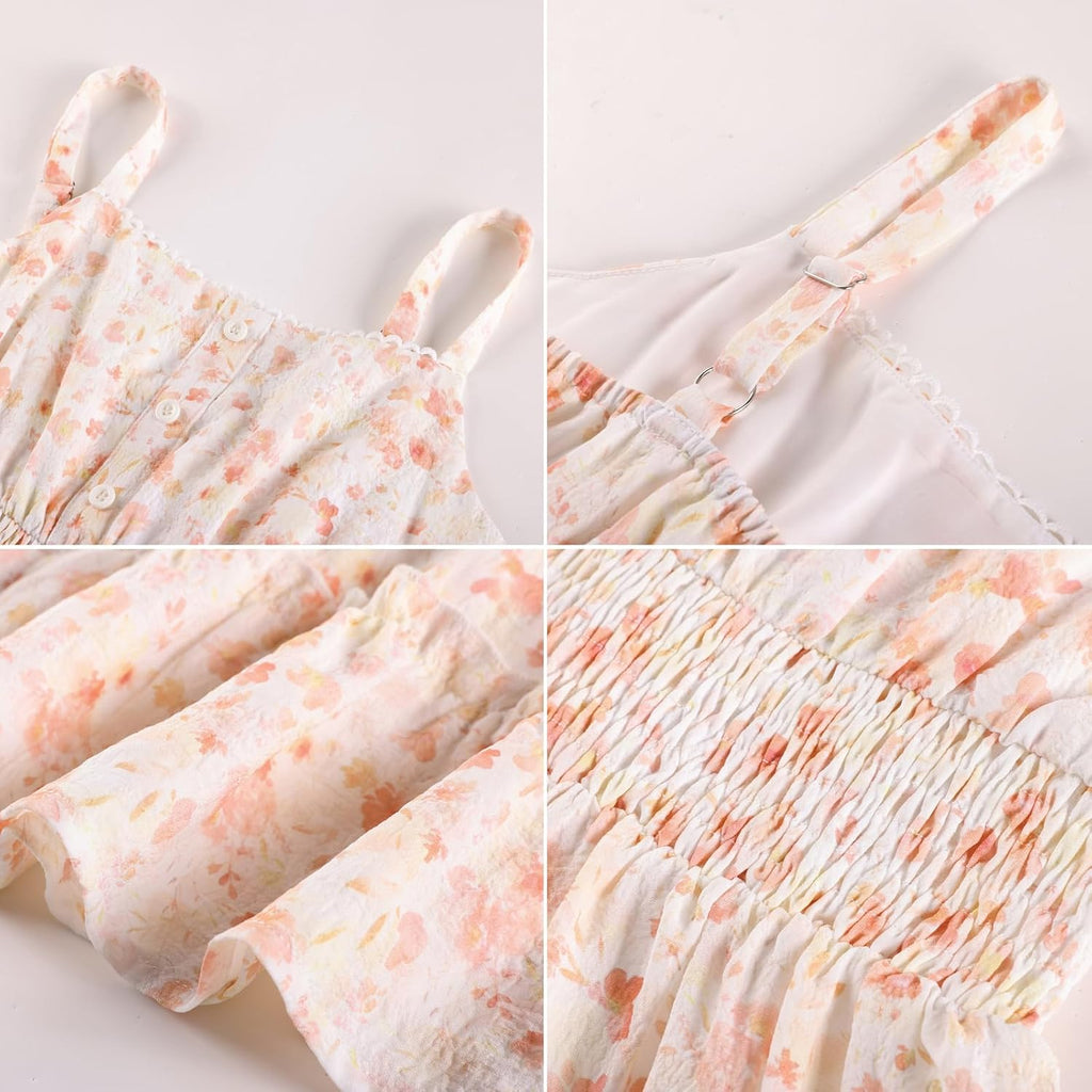 Girls Summer Floral Dress Kids Long Spring Easter Dresses Teens Button Front Straps Flower Hawaiian Sundress