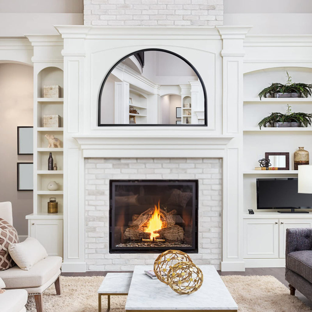 Minimalist Black Arched Mirror, Large Farmhouse Bathroom Fireplace Mantel Horizontal Wide Arch Mirrors /Living Room