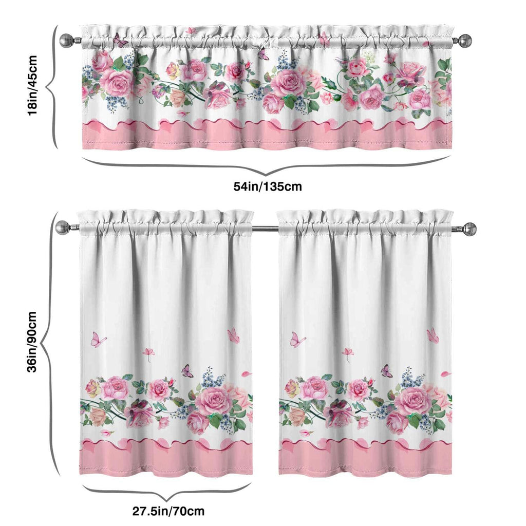 Rose Kitchen Curtain Valance Set of 3, Pink Floral Kitchen Decor Interior Decor, Farmhouse Countryside Kitchen
