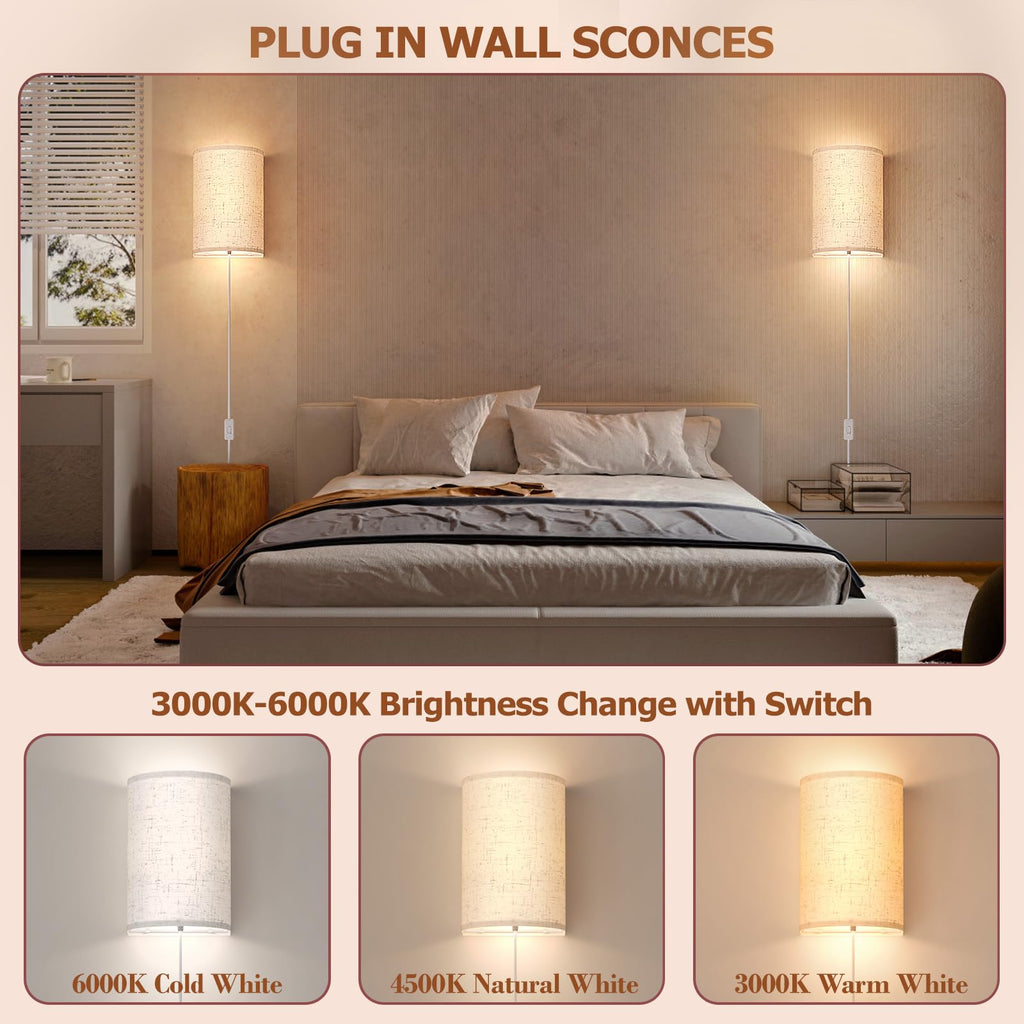Plug in Wall Sconces Set of Two Wall Lights Lamp with On/Off Switch