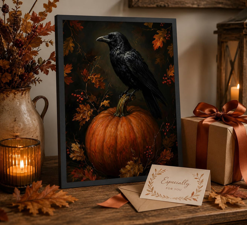 Framed Gothic Raven on Pumpkin Canvas Wall Art,Vintage Autumn Crow Painting,Dark Academia Print,Spooky Fall Wall
