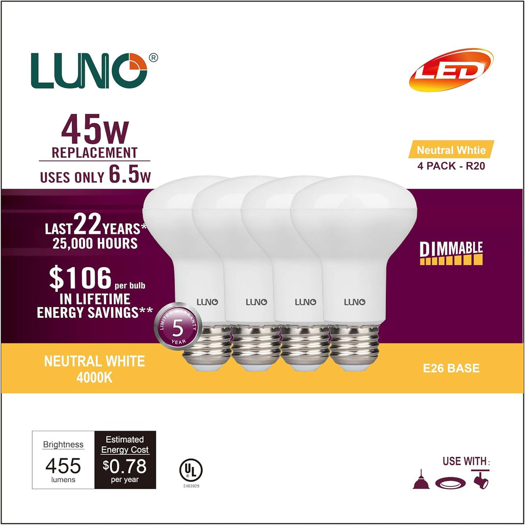 R20 Dimmable LED Bulb, 6.5W (45W Equivalent), 455 Lumens, 4000K (Neutral White), Medium Base (E26), UL Listed (4-Pack)