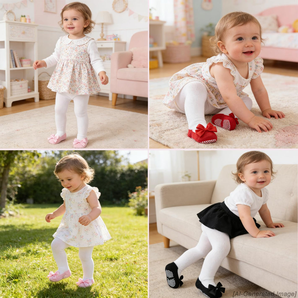 Baby Tights with Shoes Newborn Girl Seamless Non Slip/Skid Leggings Organic Cotton Tights with Bow Footed Pants