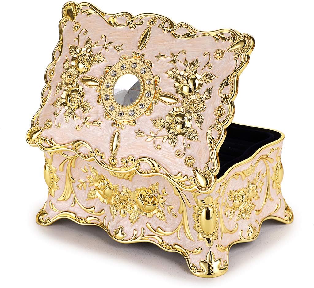 Vintage Metal Jewelry Box - Two Layer Large Trinket Organizer, Beige