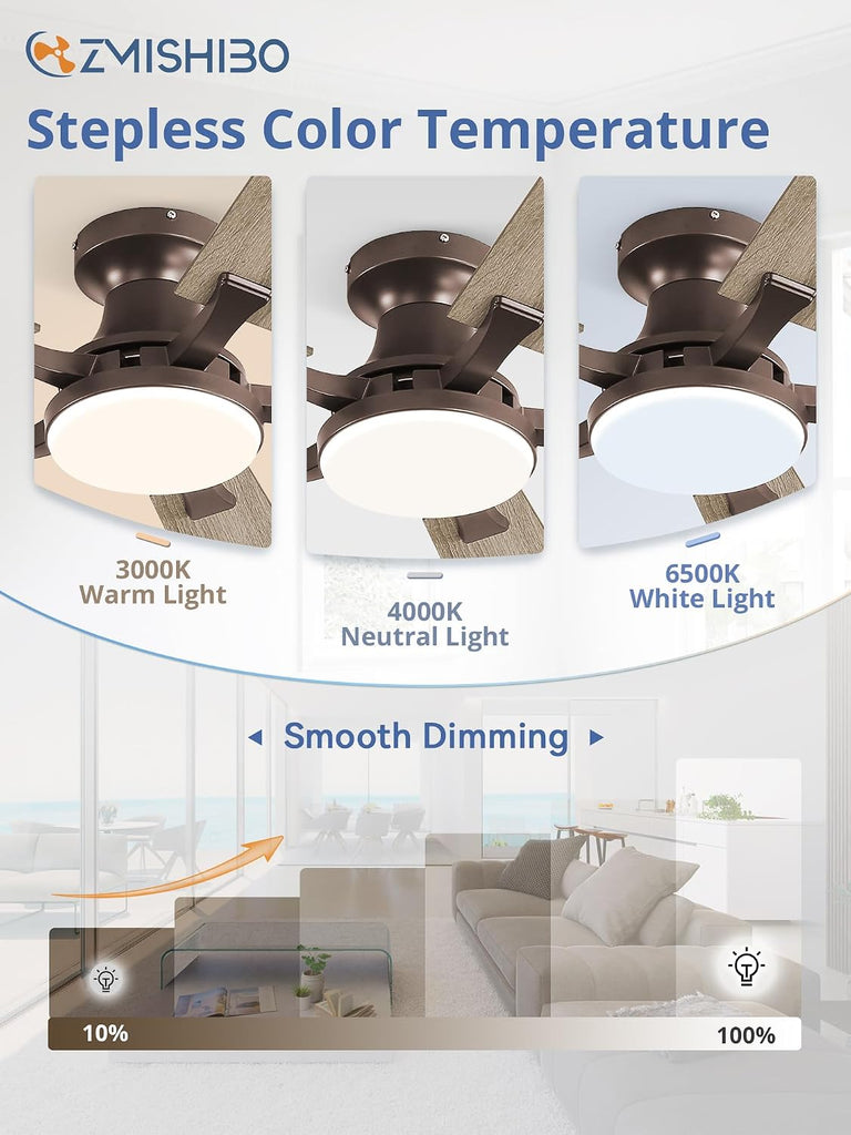 52 Inch Ceiling Fan with Light, App&Remote Control, Flush Mount Low Profile, Dimmable 20W LED Light, Quiet Reversible Motor for Bedroom, Living Room, Apartment, Brown A101-B0DPHBV4XB