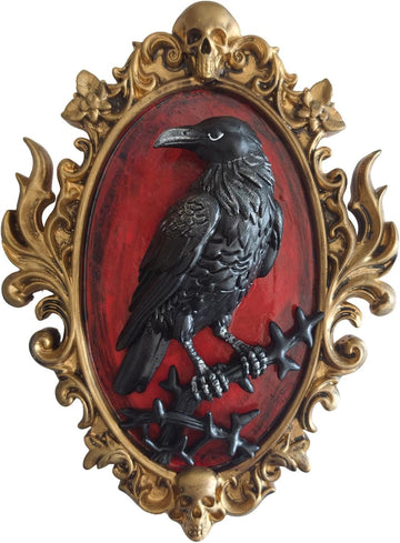 Gothic Raven Resin Wall Sculpture, 3D Crow Wall Decor with Gold Skull Frame