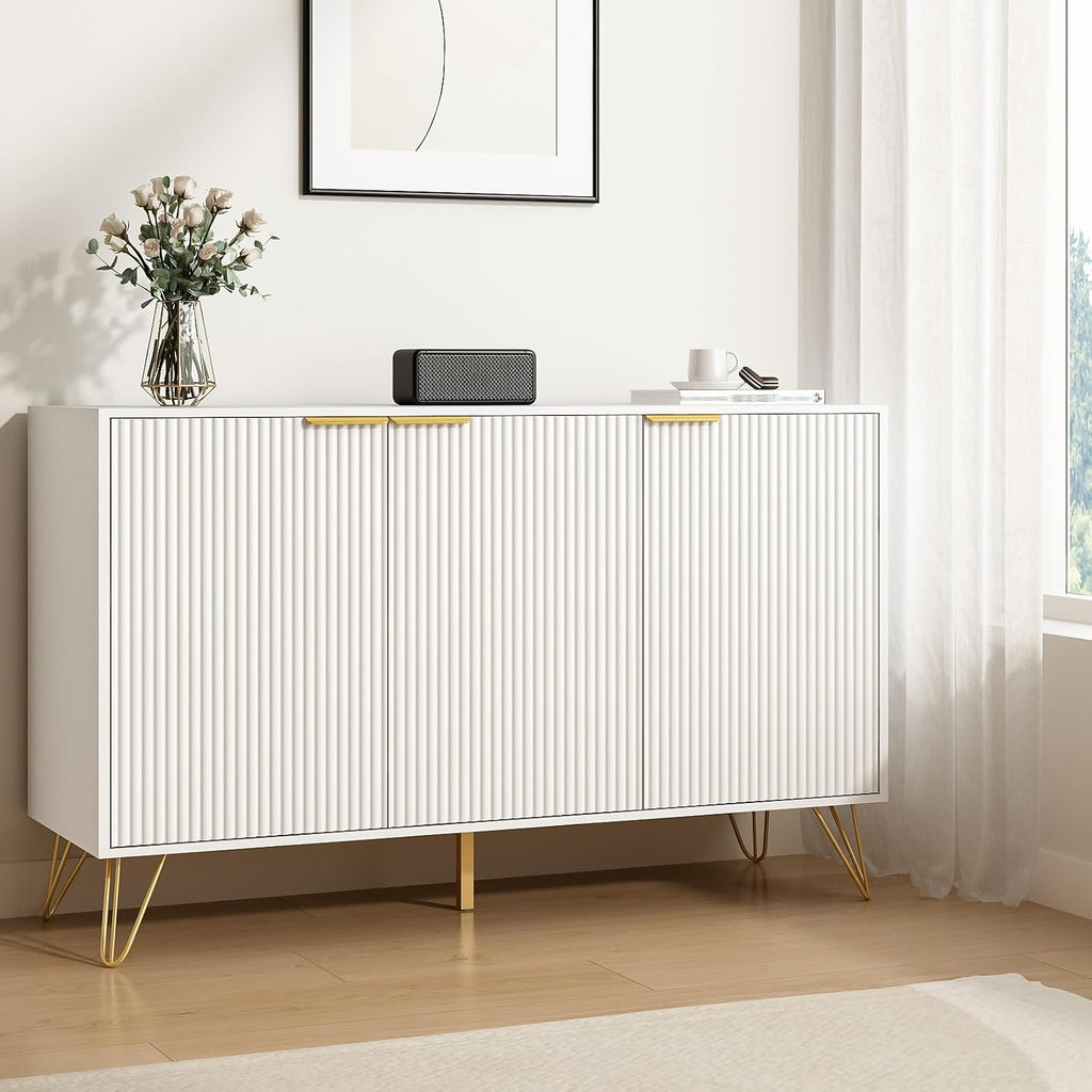 Storage Cabinet with 3 Fluted Doors and Adjustable Shelves, White丨Modern Wood Accent Table, Sideboard Buffet Cabinet