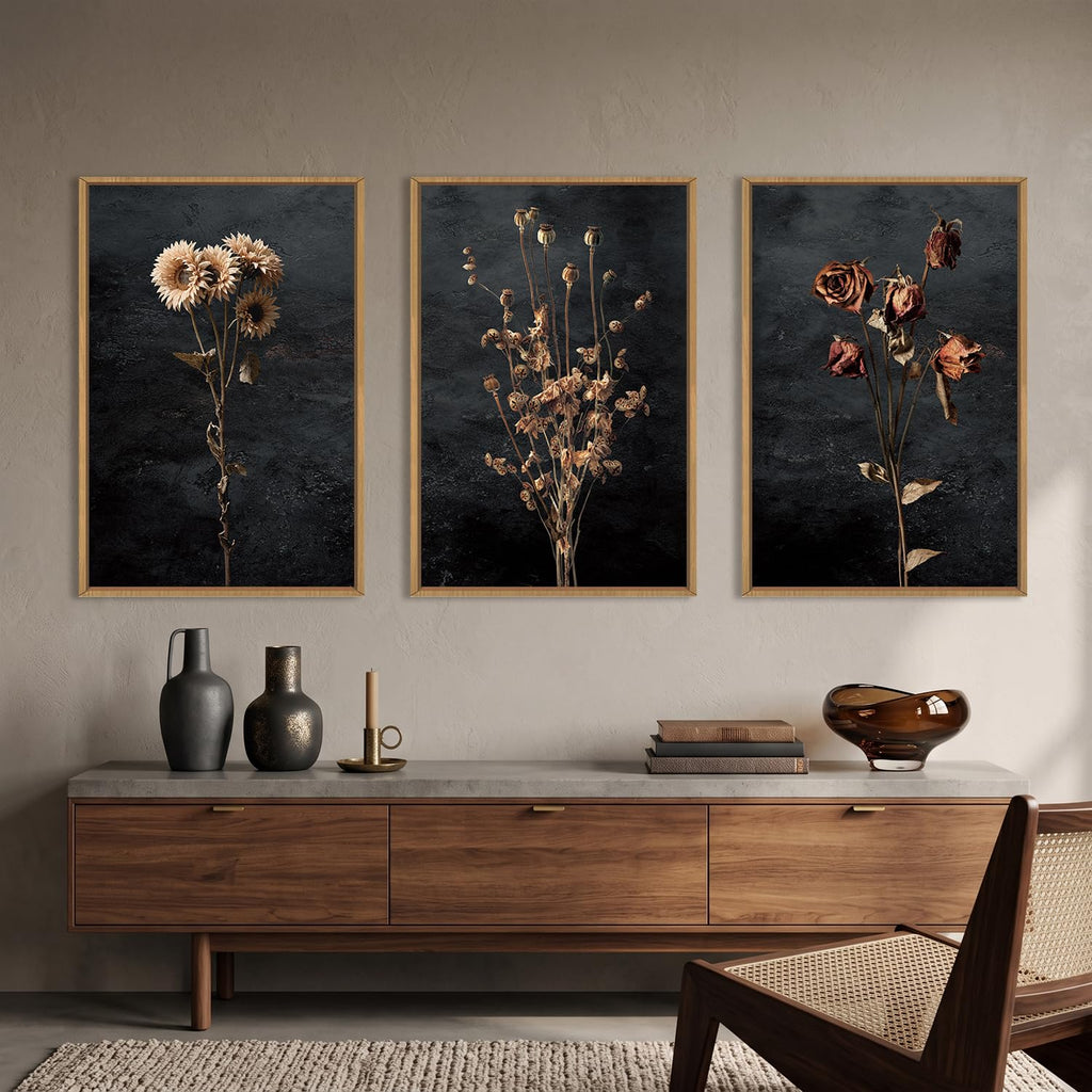 Large Moody Dark Floral Framed Canvas Wall Art Set- 24"x36"x3