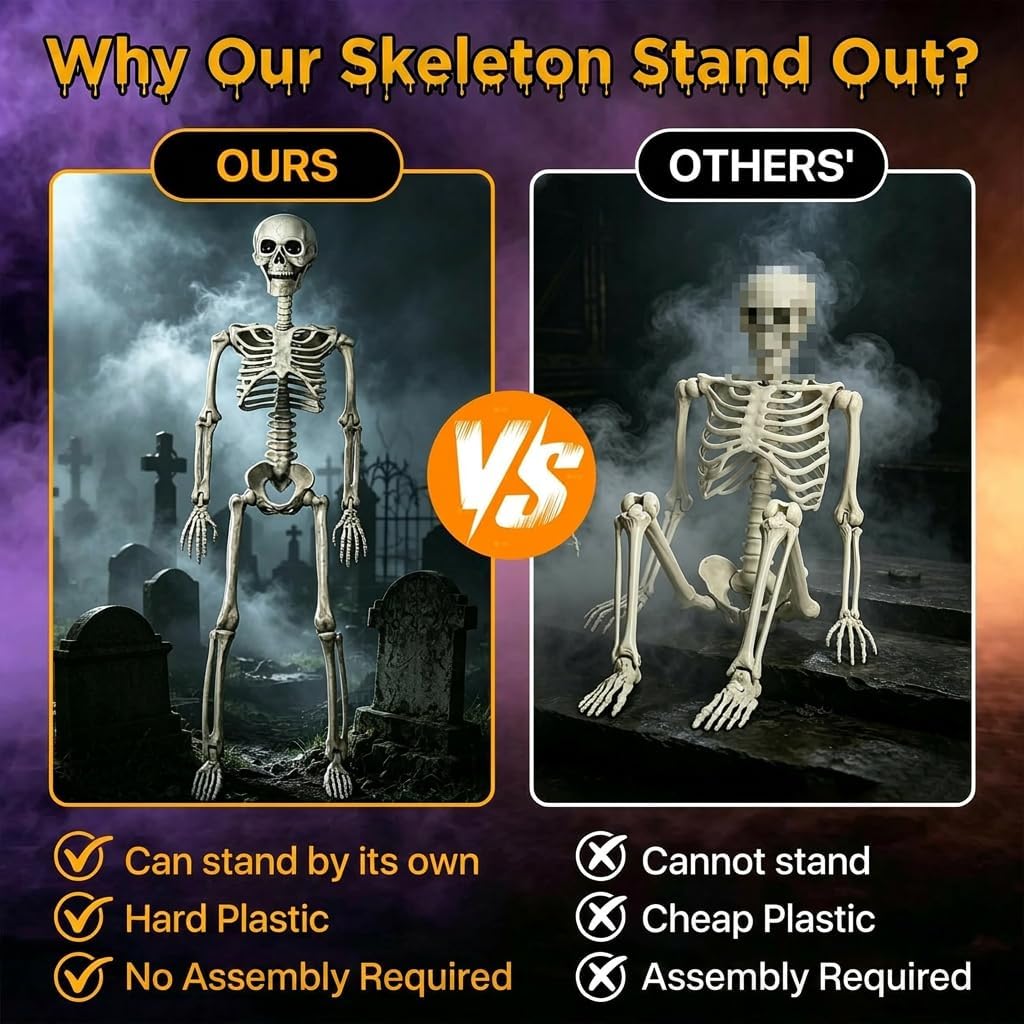 2-Pack 40" Pose-N-Stay Halloween Skeletons, Life-Size Full Body Realistic Posable Skeleton with Movable Joints - Set of 2