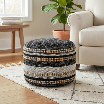 LR Home Black/Cream Striped Cotton Blend Ottoman Pouf Decor | Hand-Made Modern Foot Rest Decor | 18 x 18 x 14 Stuffed