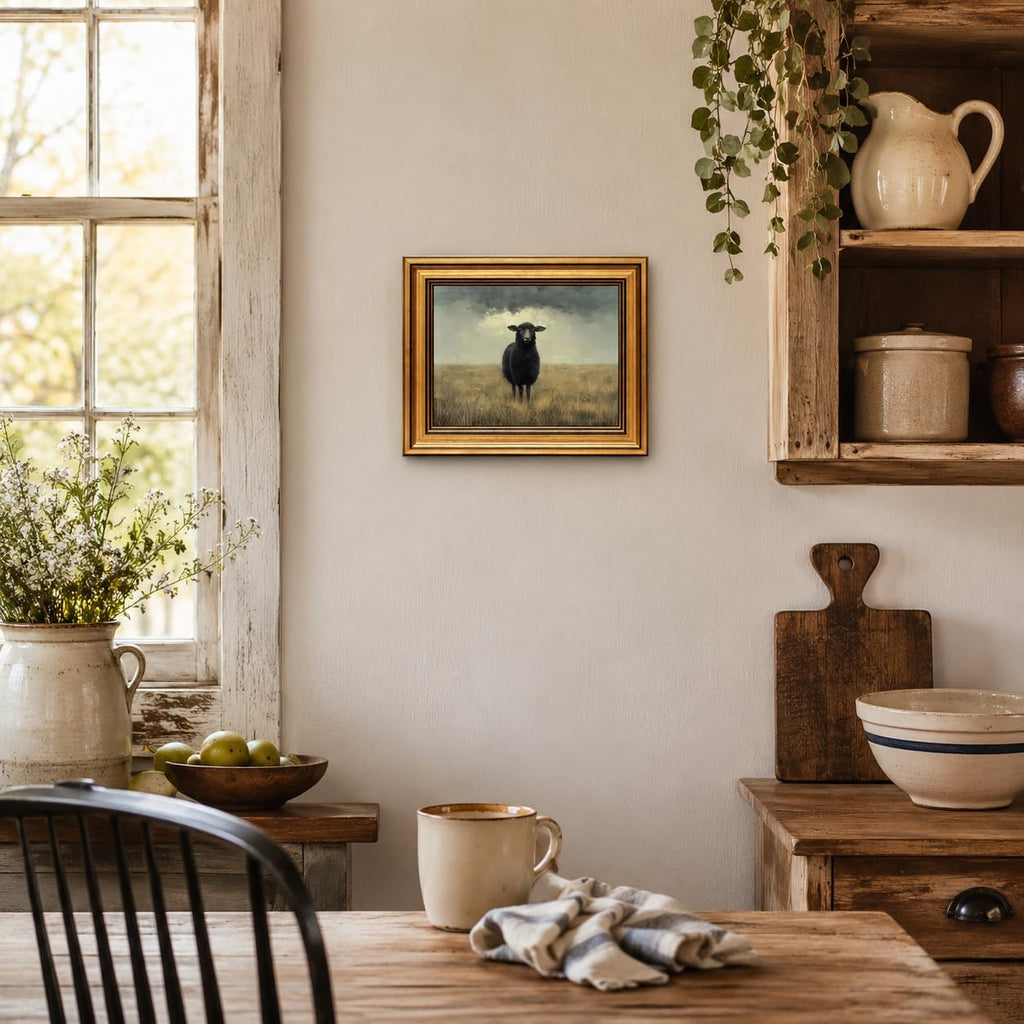 Gold Framed Wall Art Vintage Black Sheep Animal Painting Farmhouse Wall Decor Rustic Farm Animal Picture Moody