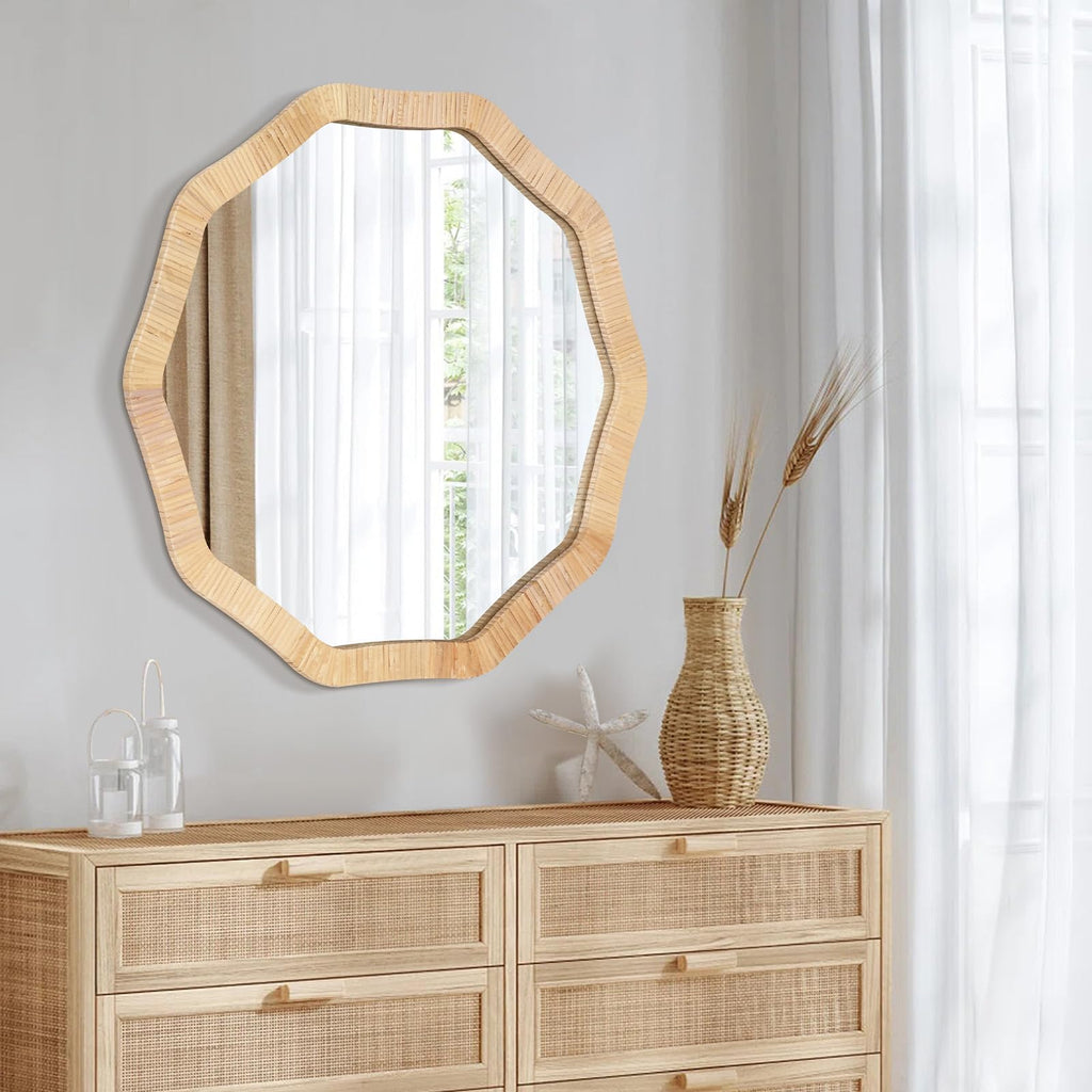 Rattan Wicker Bathroom Wall Mirror, 24 Inch Boho
