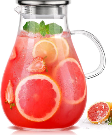 1 Gallon Glass Pitcher with Lid, 128oz Glass Water Pitcher with Handle for Fridge, Borosilicate Large Water Jug, Iced
