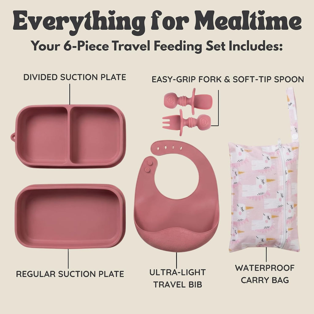 Travel Feeding Set with Silicone Suction Plates, Dark Pink Small