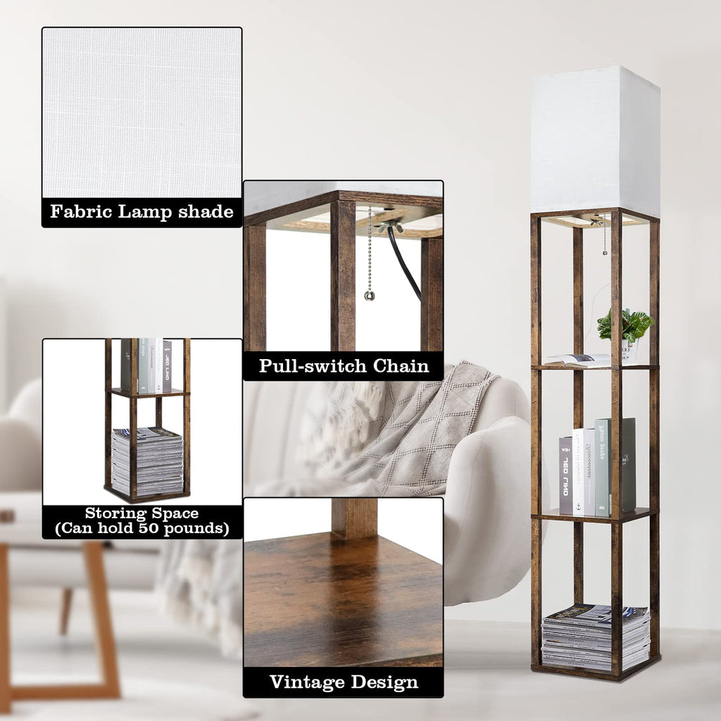 Floor Lamp with Shelves, Modern Shelf Lamp for Display Storage, 3 Color Temperature Wood Narrow Standing Corner Lamp