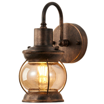 Vintage Outdoor Indoor Wall Light Fixture, Oil-Rubbed Bronze Farmhouse Wall Sconce with Amber Seeded Glass Shade