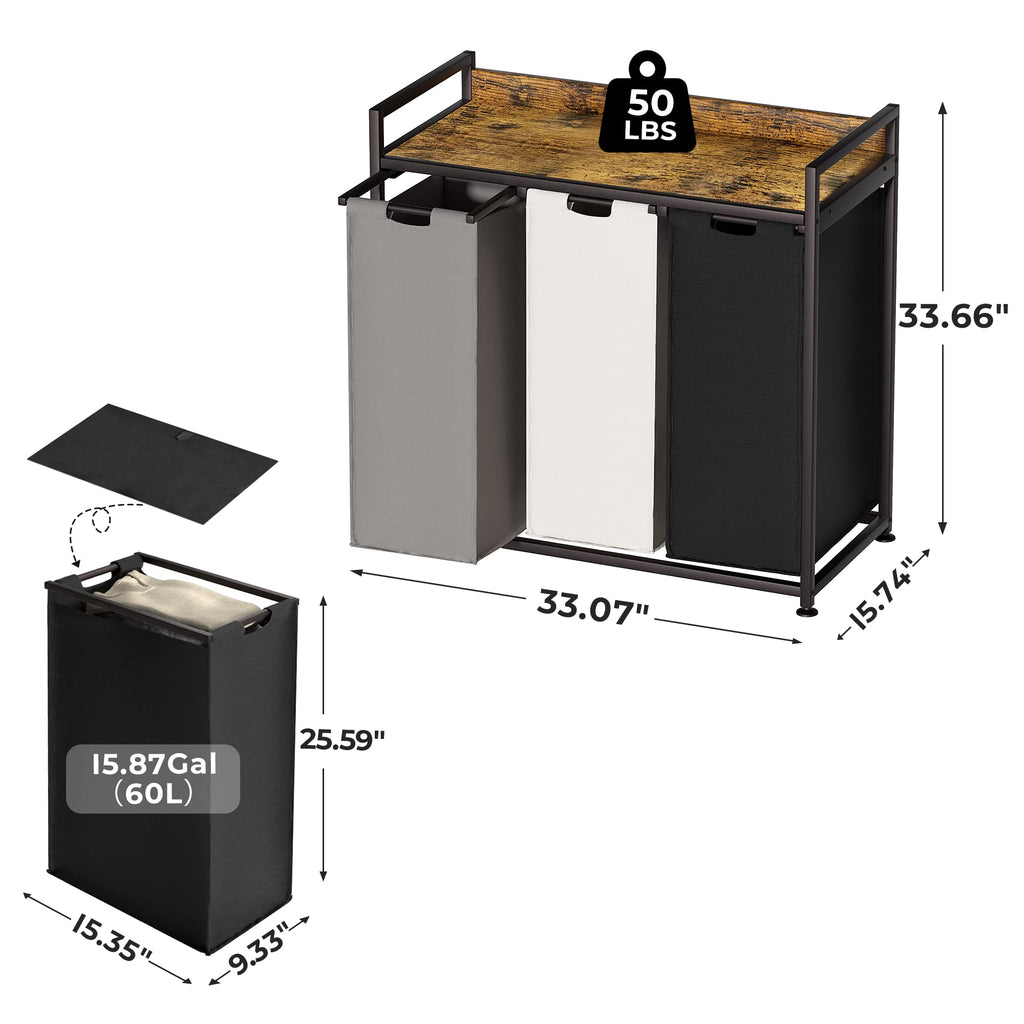 Laundry Hampers with Shelf, Laundry Basket 3 Section, Laundry Sorter with Pull-Out Removable Large 3 Color Bags and